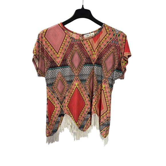 Cato Womens Multicolor Blouse Top Fringe Hem Short Sleeve Size S Boho Festival - Picture 1 of 8
